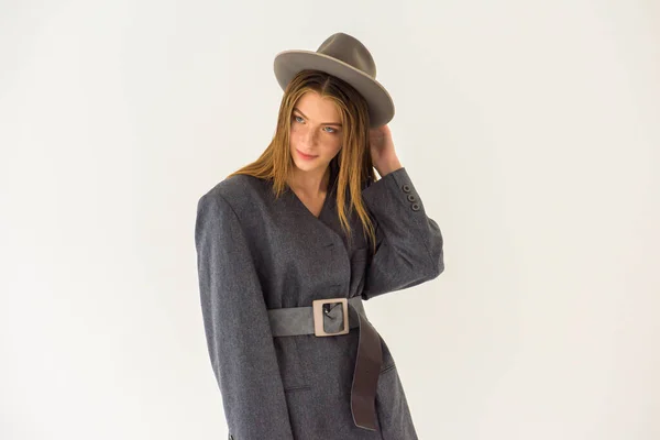 Attractive Young Girl Model Looking Side Gray Jacket Holding Hat — Stock Photo, Image