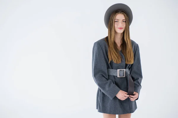 Attractive Young Girl Model Looking Side Gray Jacket Holding Hat — Stock Photo, Image