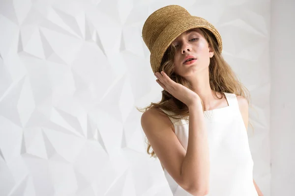 Young Girl Bright Room Dressed Light Dress Wicker Hat Selective — Stock Photo, Image