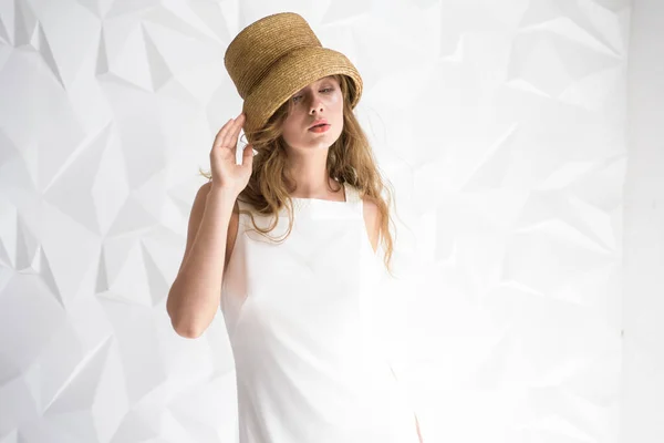 Young Girl Bright Room Dressed Light Dress Wicker Hat Selective — Stock Photo, Image