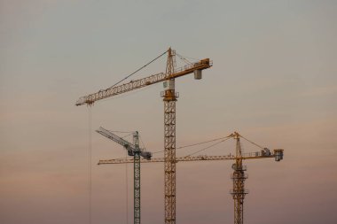 Gökyüzünün arka planında vinçler olan inşaat alanı