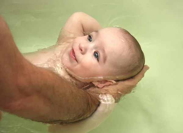 Baby Bathing Bathroom Close Portrait Happy Bathing Baby — Stock Photo, Image