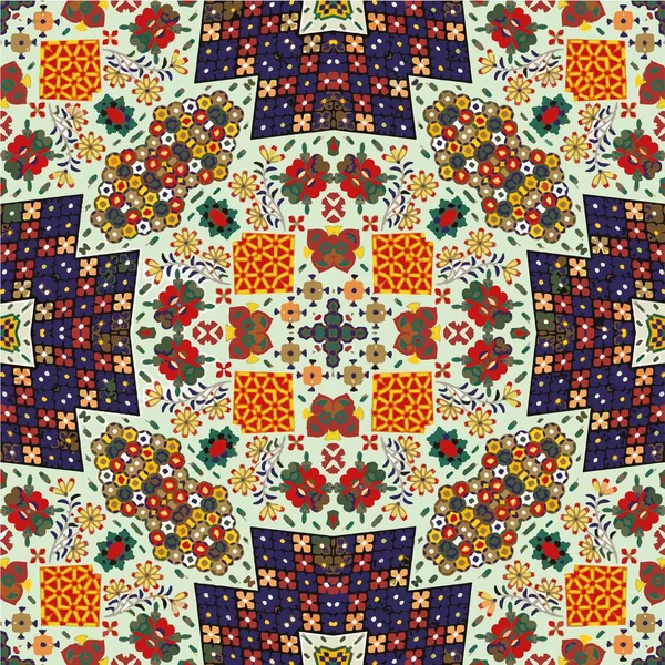 Abstrakte geometrische Mosaik Vintage ethnischen nahtlosen Muster ornamental.Nahtlose Keramikfliese mit bunten Patchwork. Vintage mehrfarbige Muster im türkischen Stil. Handgezeichneter Hintergrund. Islam, Arabisch — Stockvektor