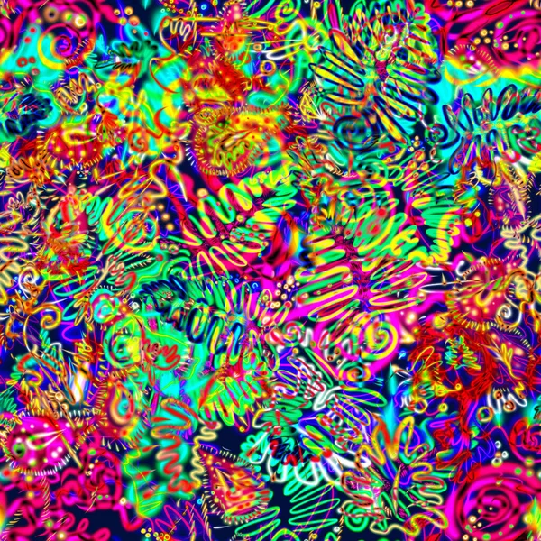 Яскравий Сяючий Орнамент Тропічні Неонові Листя Хаотично Розташовані Ультрафіолетові Завитки — стокове фото