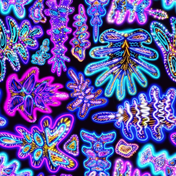 Bright glowing ornament. Tropical neon leaves are chaotically located. Ultraviolet curls and paisley. Dynamic petals in the wild. Ideal for printing on fabrics and paper, T-shirts, dresses.Neon