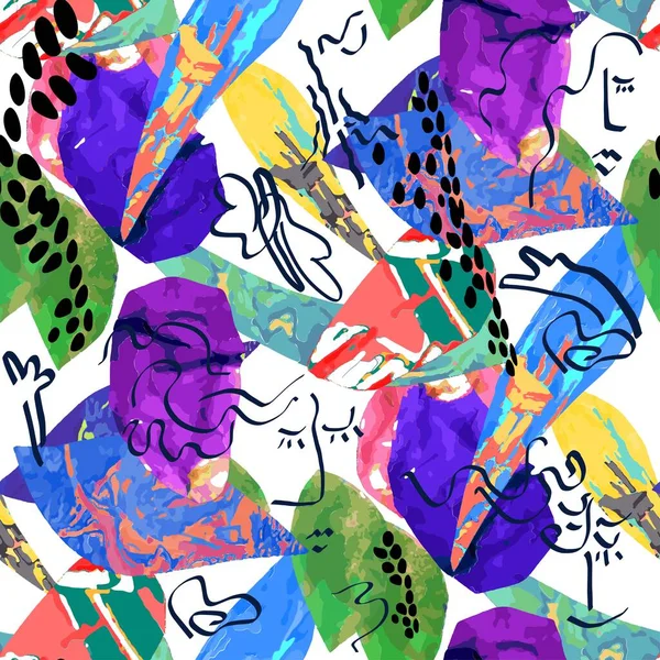 Çılgın çizim stili. El ve ayaklar, soyut geometrik arka plandaki kadınların yüzleri. Kartlar, kapaklar ve ambalajlar, tekstil, giysiler, kumaşlar için moda tasarımı. Modern tarzda insan yüzleri..