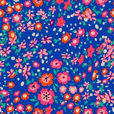 Küçük çiçekte şirin bir desen. Küçük renkli çiçekler. Beyaz arka plan. Ditsy çiçekli arka plan. Moda baskıları için zarif bir şablon.