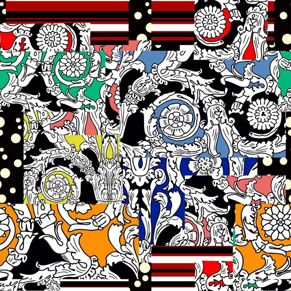 Soyut etnik ispanyolca yama döşeme duvar kağıdı, vektör dikişsiz desen. Bezelye parçacıkları, çizgili parlak flaplar, arabesk, tekstil için uygun mozaik..