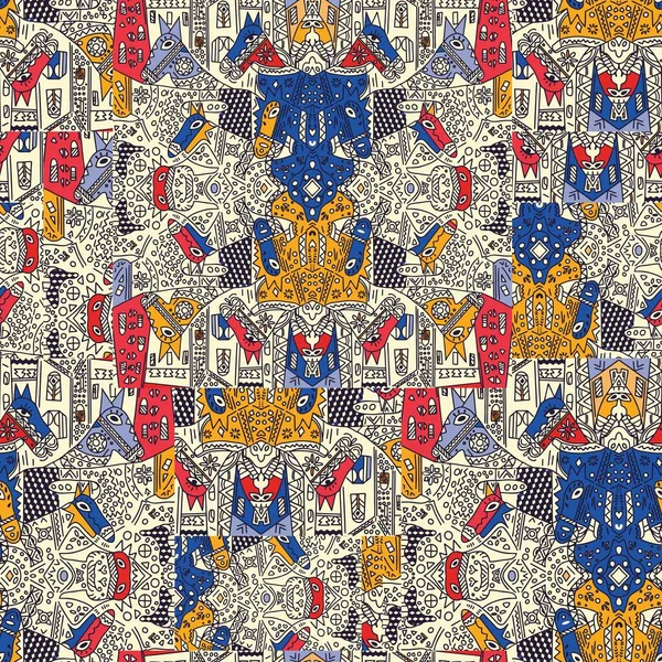 Çocukların tekstil ürünlerini basmaya uygun modern, parlak ve geleneksel süsler, ve erkekler, kızlar. Sokakta evleri olan atların geometrik soyut çizimi.