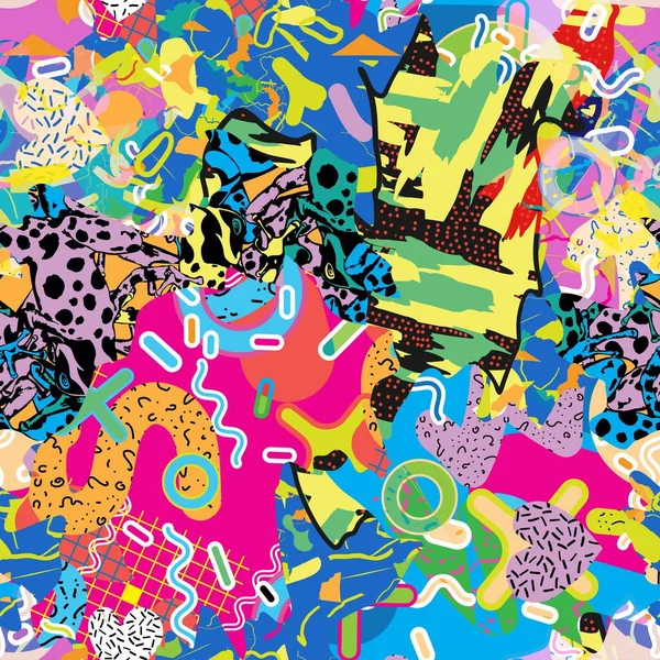 Karalama geometrik arkaplan için soyut renkli çizgi film dokusu. Broşür kapağı tasarımı için vektör eğilimi şekli. Erkek ve kız çocukları için kıyafet yazdırma eğiliminin vektör şekli.