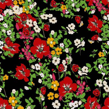 Küçük çiçekte şirin bir desen. Küçük renkli çiçekler. Beyaz arka plan. Ditsy çiçekli arka plan. Moda baskıları için zarif bir şablon.