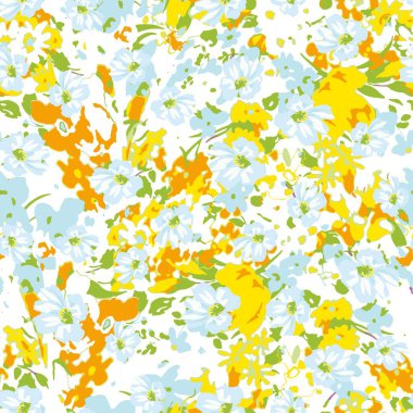 Küçük çiçekte şirin bir desen. Küçük renkli çiçekler. Beyaz arka plan. Ditsy çiçekli arka plan. Moda baskıları için zarif bir şablon.