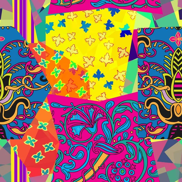 Hintçe, Türkçe, İtalyanca, çiçekli Portekizce yama - mandala. Çizgili, yapraklı ve çiçekli geometrik yama üzerinde parlak vektör çizimi. Hippi.