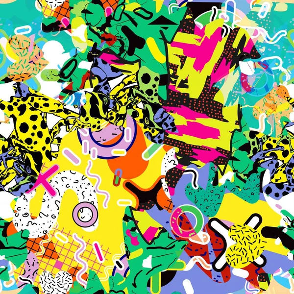 Karalama geometrik arkaplan için soyut renkli çizgi film dokusu. Broşür kapağı tasarımı için vektör eğilimi şekli. Erkek ve kız çocukları için kıyafet yazdırma eğiliminin vektör şekli.