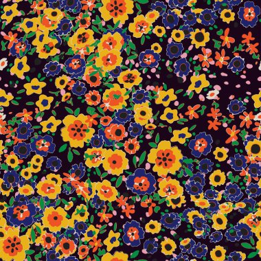 Küçük bir çiçekte şirin bir desen. Küçük çiçekler. Renkli parlak yaz silueti çizimi. Yaprakları ve gelincikleri soyut ve pürüzsüz. Modern için arkaplan bileşimi şablon vektörü