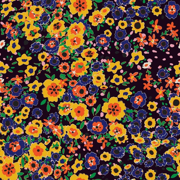 Küçük bir çiçekte şirin bir desen. Küçük çiçekler. Renkli parlak yaz silueti çizimi. Yaprakları ve gelincikleri soyut ve pürüzsüz. Modern için arkaplan bileşimi şablon vektörü