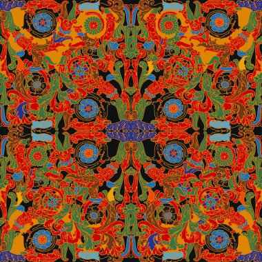 Etnik çiçekli mandala pürüzsüz desen. Renkli mozaik arka plan. Kusursuz dekoratif doğu deseni. Peri çiçeği deseni. Kusursuz filigran süsü. Duvar kağıdı, tekstil, şal, halı ve herhangi bir yüzey için biçimlendirilmiş şablon.