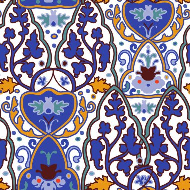 Sorunsuz çiçek desenli halk renkli çiçekler ve yapraklar. Çiçek nakış. Talavera desen. Hint patchwork. Türk süsleme. İspanyol etnik köken. Akdeniz sorunsuz duvar kağıdı.