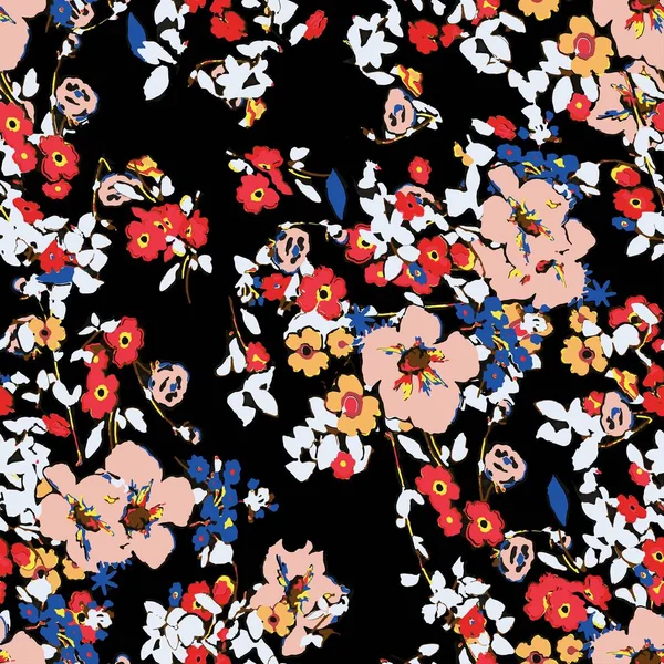 Küçük bir çiçekte şirin bir desen. Küçük çiçekler. Renkli parlak yaz silueti çizimi. Yaprakları ve gelincikleri soyut ve pürüzsüz. Modern için arkaplan bileşimi şablon vektörü