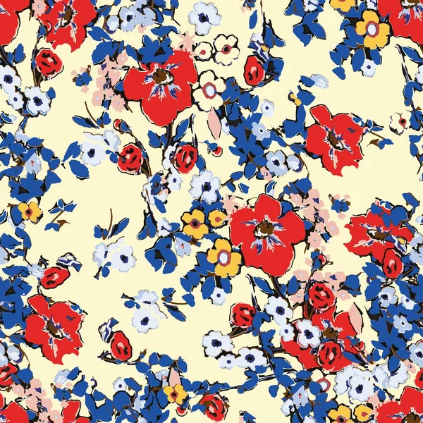 Küçük bir çiçekte şirin bir desen. Küçük çiçekler. Renkli parlak yaz silueti çizimi. Yaprakları ve gelincikleri soyut ve pürüzsüz. Modern için arkaplan bileşimi şablon vektörü