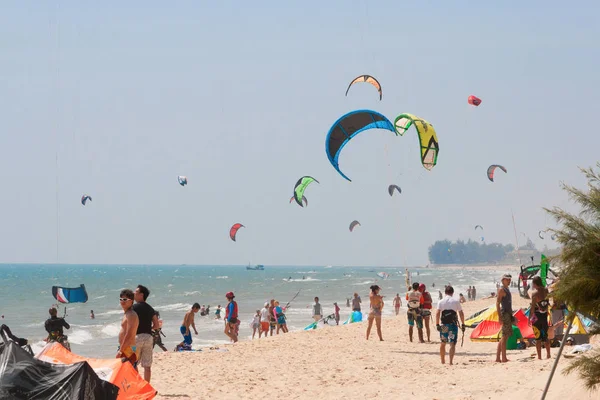 People practicing kitesurf on the beach of Phan Thiet town Stock Image