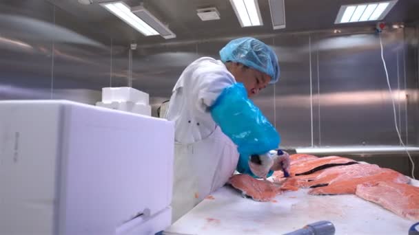 Hombre asiático rebanando un filete de salmón en la mesa de la fábrica de pescado. Dolly disparó . — Vídeos de Stock