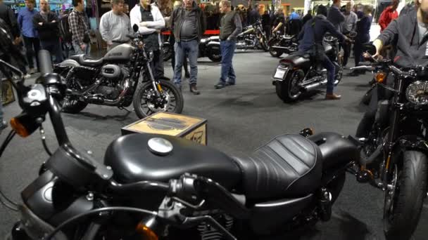 Los ciclistas prueban la nueva moto Harley Davidson. Una gran feria de bicicletas . — Vídeo de stock