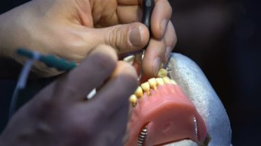 Uzman bir yeni stomatology ekipman için diş manken çalışır..