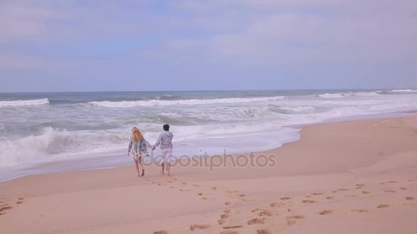 Mature attractive woman and her adult daughter walking on deserted beach. — Stock Video
