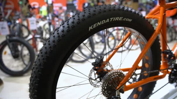 Výkonné fat bike s tlusté pneumatiky v prodejně jízdních kol — Stock video