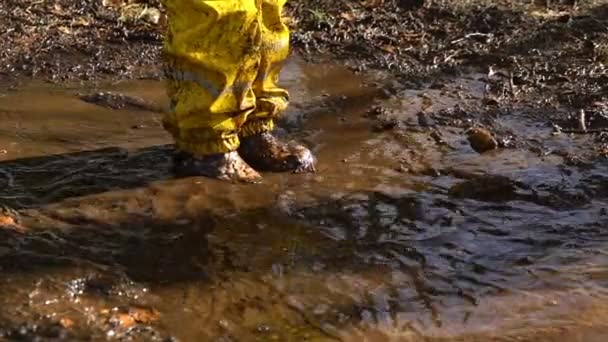 Niña con traje de goma amarilla está saltando en un charco. Moción lenta — Vídeo de stock