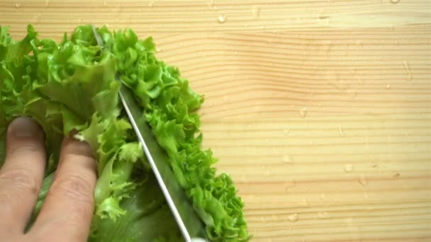 Mens hands cut green lettuce on wooden surface. — Stock Video