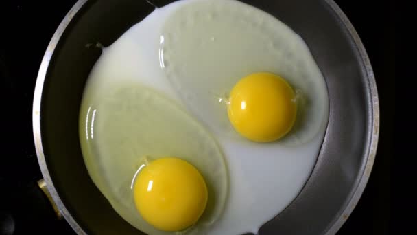 Twee eieren gebakken in een pan. Time-lapse. Bovenaanzicht. — Stockvideo