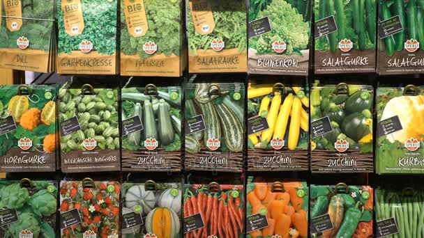 Enorme selectie van de zaden in een tuin winkel. — Stockvideo