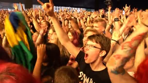 Un sacco di fan applaudono e sventolano le mani a un concerto rock . — Video Stock