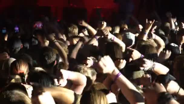 Muitos fãs aplaudem e acenam com as mãos num concerto de rock. . — Vídeo de Stock