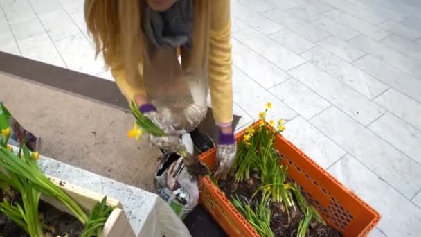 Performance artistique du jardin humain. Une jeune personne nue invite tout le monde à s'éloigner de l'agitation des villes et à planter des fleurs sur son corps . — Video