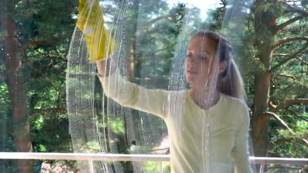 Приваблива молода жінка миє вікна, використовуючи спеціальну щітку. Доллі постріл. — стокове відео