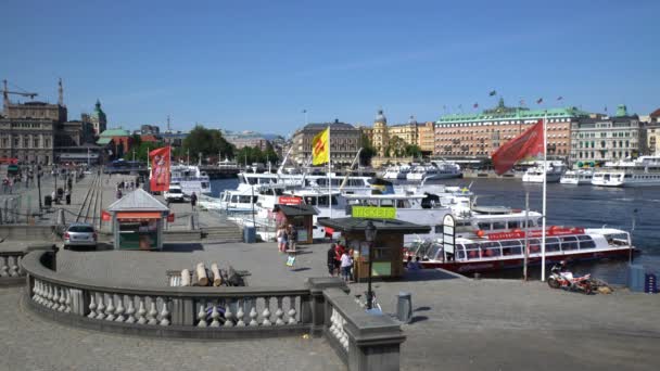 Viele Boote an der Uferpromenade in der Altstadt von Stockholm. — Stockvideo