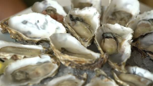 Oesters en glas champagne in een restaurant. — Stockvideo