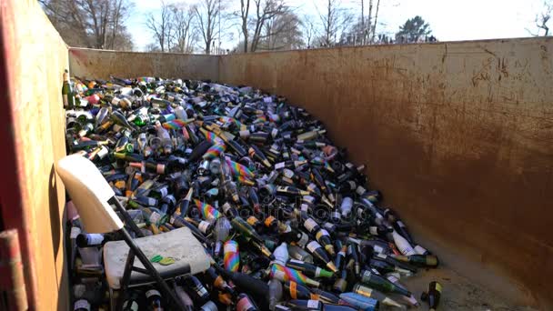 Gran cantidad de botellas de vino vacías en el contenedor . — Vídeo de stock