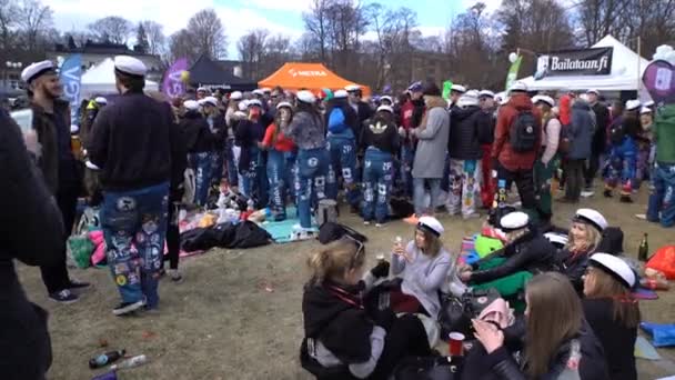 Muchos estudiantes felices hacen un picnic, beben, comen y se divierten en el parque de la ciudad — Vídeos de Stock