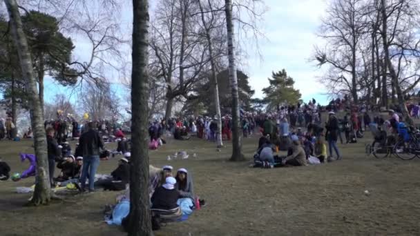 Veel gelukkige studenten hebben een picknick, drinken, eten en plezier hebben in het stadspark — Stockvideo