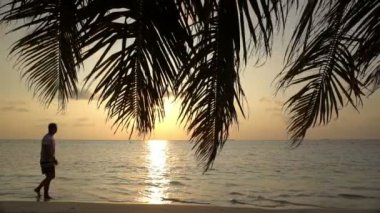 Bir adam sörf hat boyunca girer. Günbatımı okyanus üzerinde. Ağır çekim.