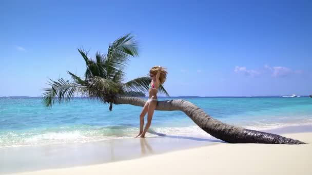 Krásná štíhlá mladá žena užívat dovolenou na tropické pláži.