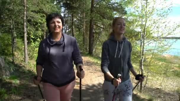 Zwei aktive Frauen machen Nordic Walking im Park. Kamerafahrt. Zeitlupe. — Stockvideo