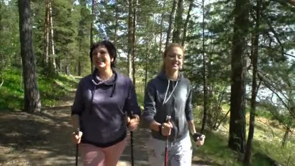 Dos mujeres activas hacen caminatas nórdicas en Park. Tracking shot. Movimiento lento . — Vídeos de Stock