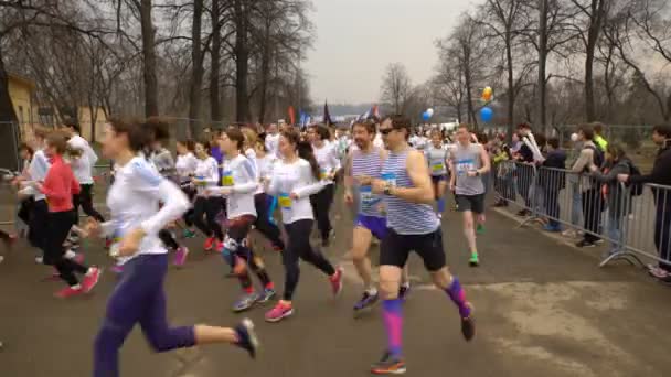 A lot of runners run the annual public marathon in Moscow. — Stock Video