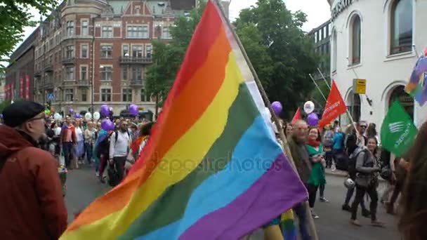 Bandera del arco iris. Miles de personas en solidaridad durante un desfile de orgullo gay . — Vídeos de Stock