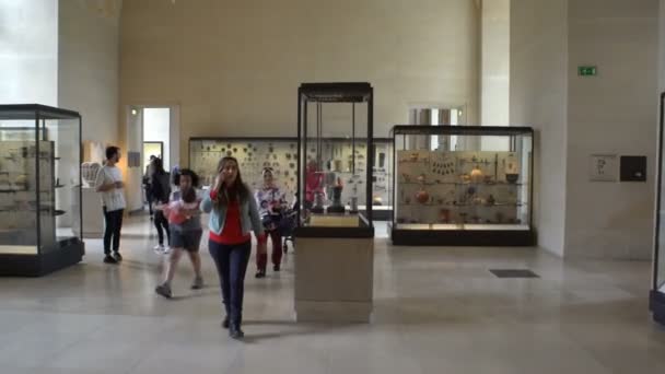 Molte persone apprezzano dipinti e statue nel Museo del Louvre a Parigi, Francia . — Video Stock